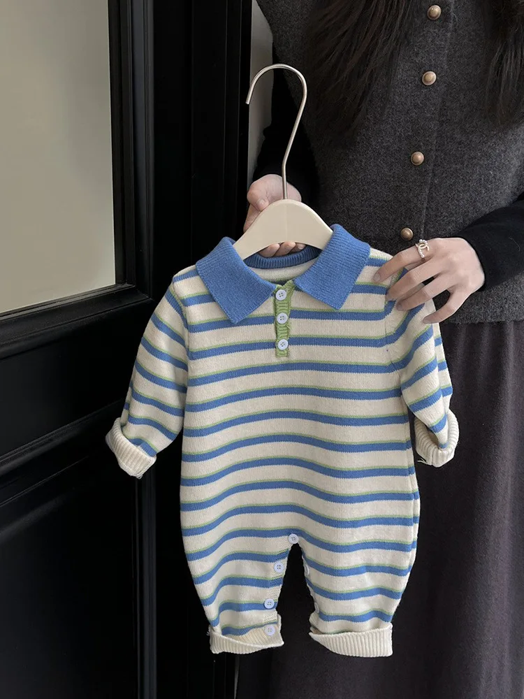Blue Striped Knit Spring Fall Outfits Baby Long Sleeve Polo Collar Boys Knitted Sweater Jumpsuits