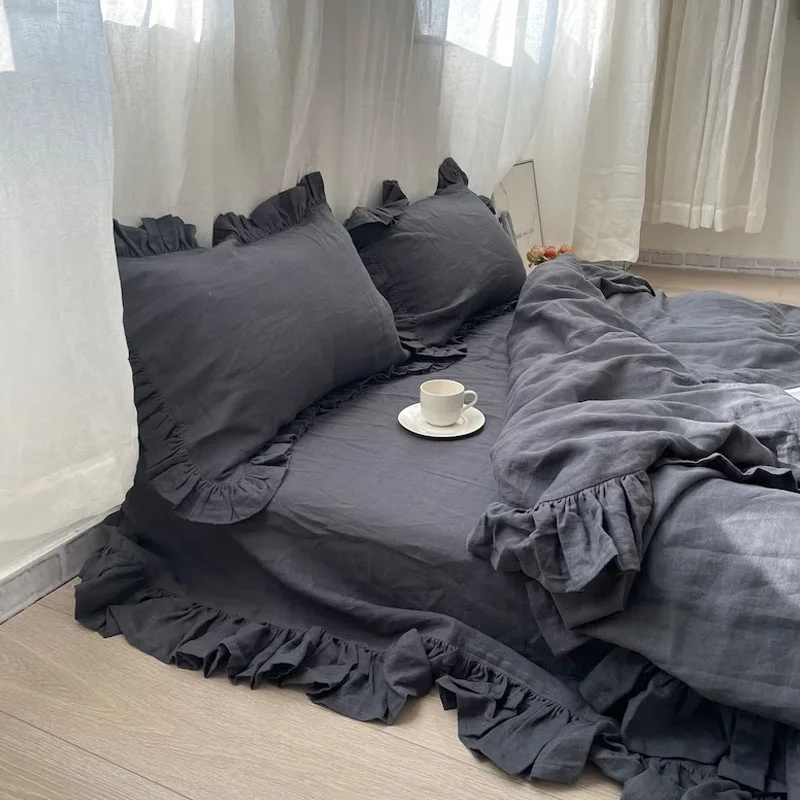 Eco-friendly Cotton linen Ruffled Sheets nature pure linen Ruffle Bedding set for Home hotel