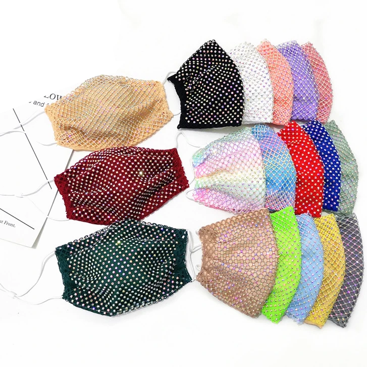 Women 19 Colors Rainbow Facemask Fashion Party Crystal Bling Rhinestone Mesh Face Maskes