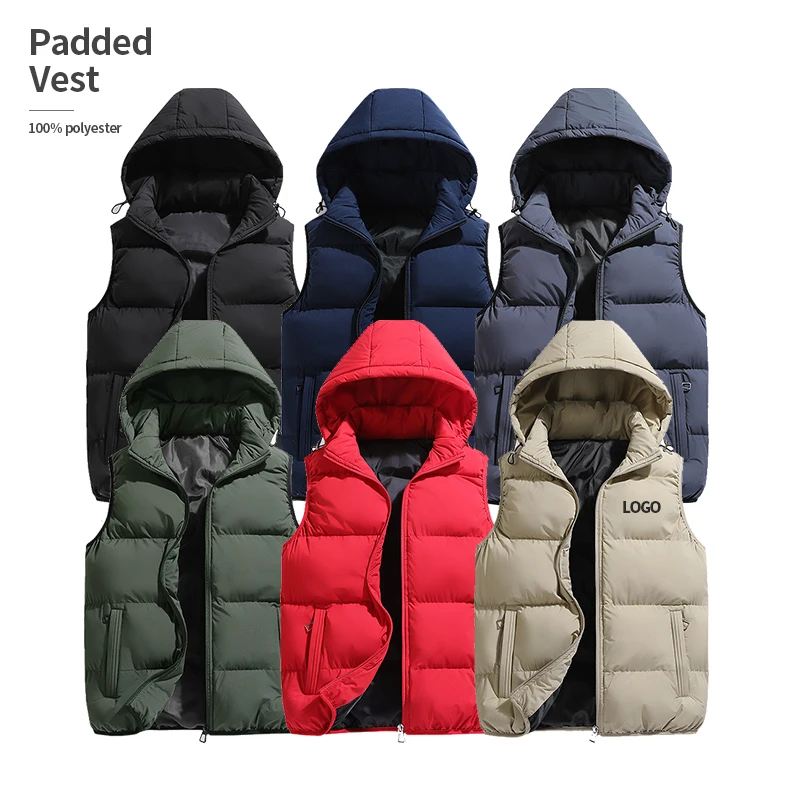 wholesale custom logo fashion windproof warm Detachable hat puffer vest men
