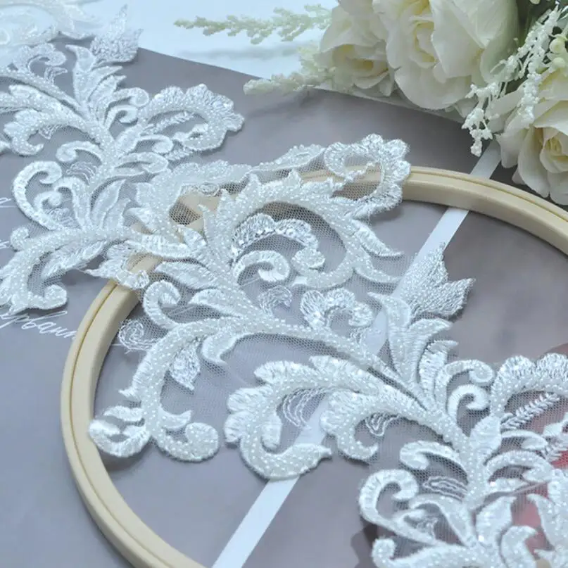 Heavy Handmade Beading Embroidery Ivory Bridal Lace Trim Beaded Lace For Clothes Decoration