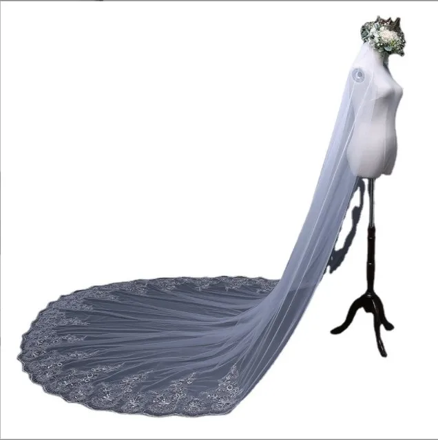 3 meters wide long mesh lace applique wedding veil trailing lace wedding veils bridal