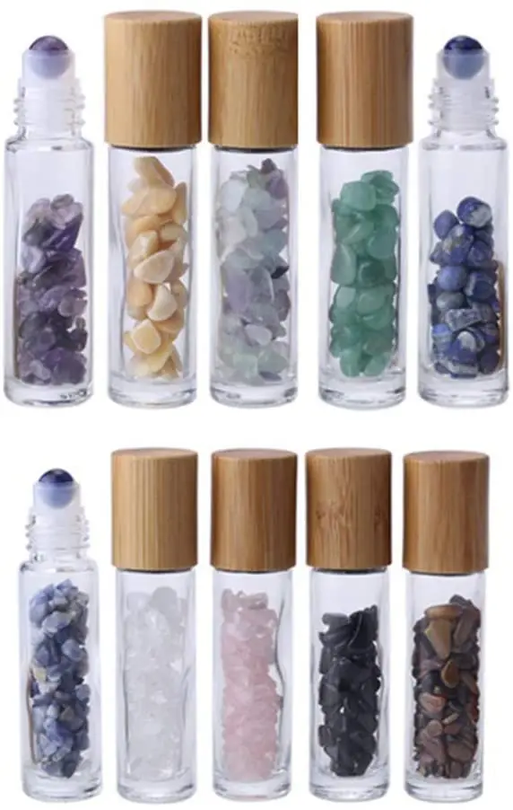 
10ml roll on bottle with gemstone rollerball crystal chips inside glass roller bottles essential oil sample bottles bamboo lids 