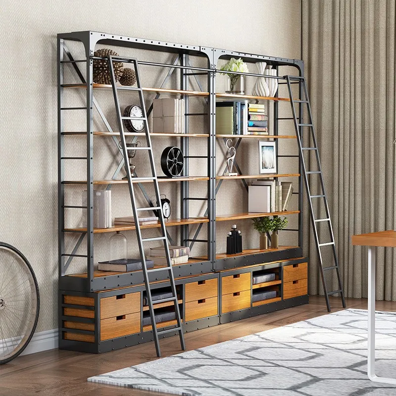 Industrial Library Librero Book Store Tall 5 Tier Display Iron Metal Bookshelf With Ladder