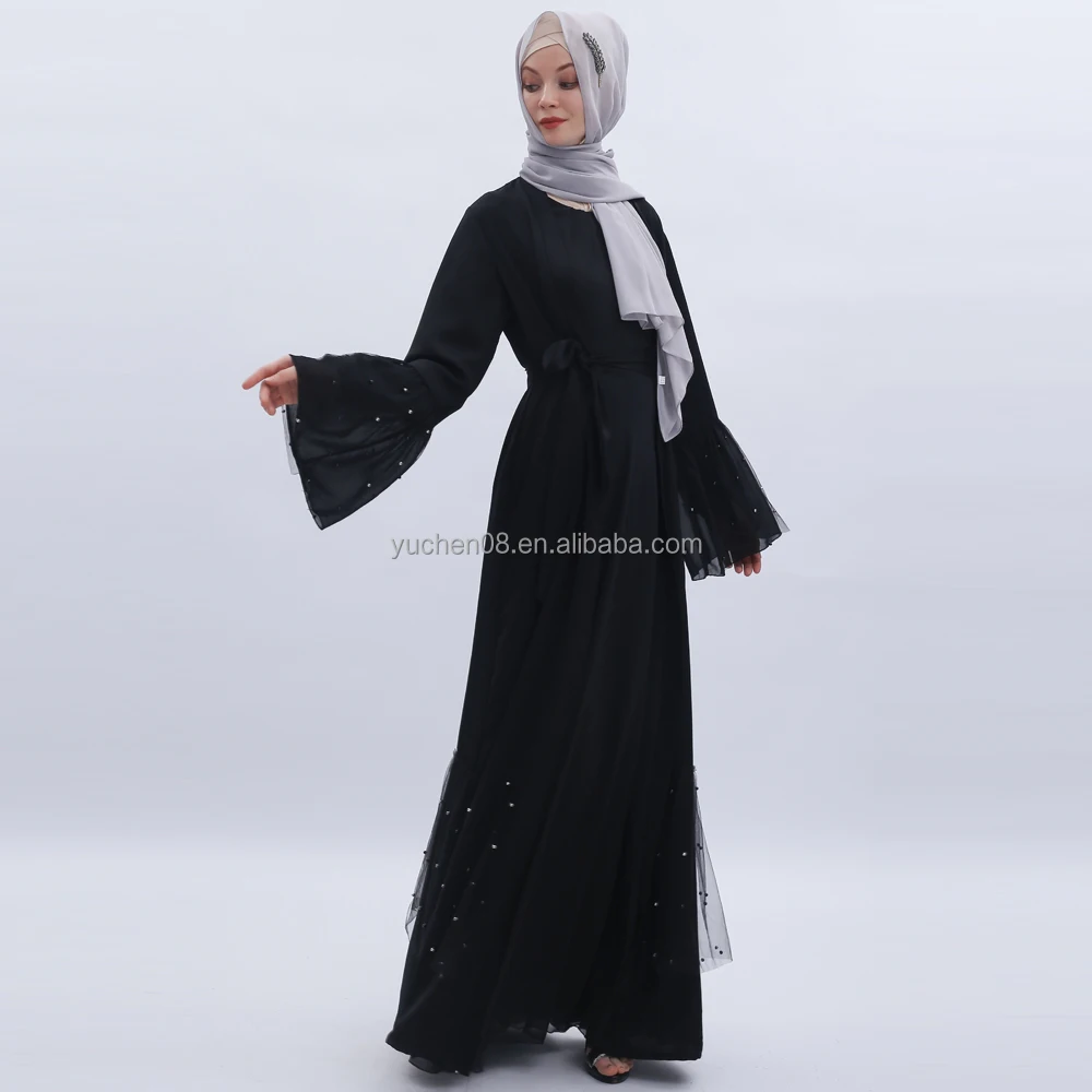 New trumpet sleeve soild black chiffon fabric plain black with  pearl  kimono islamic abaya