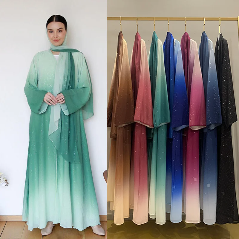 Sharut 2024 dubai muslim ombre abaya kimono gradient glitter chiffon fabric open abaya dress with a free matching Hijab 2pcs Set