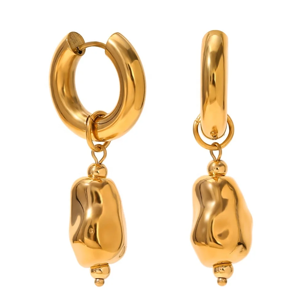 European and American Stainless Steel 18k Gold Irregular Smooth Iron Bead Bracelet, Anti Allergic and Non Fading Earring Jewelry