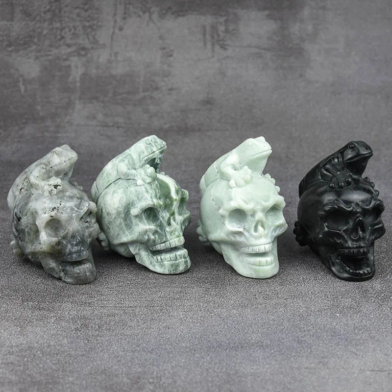 
Wholesale Crystal Crafts Natural Hand Carved Healing Jade Skulls Obsidian Frog Skulls 