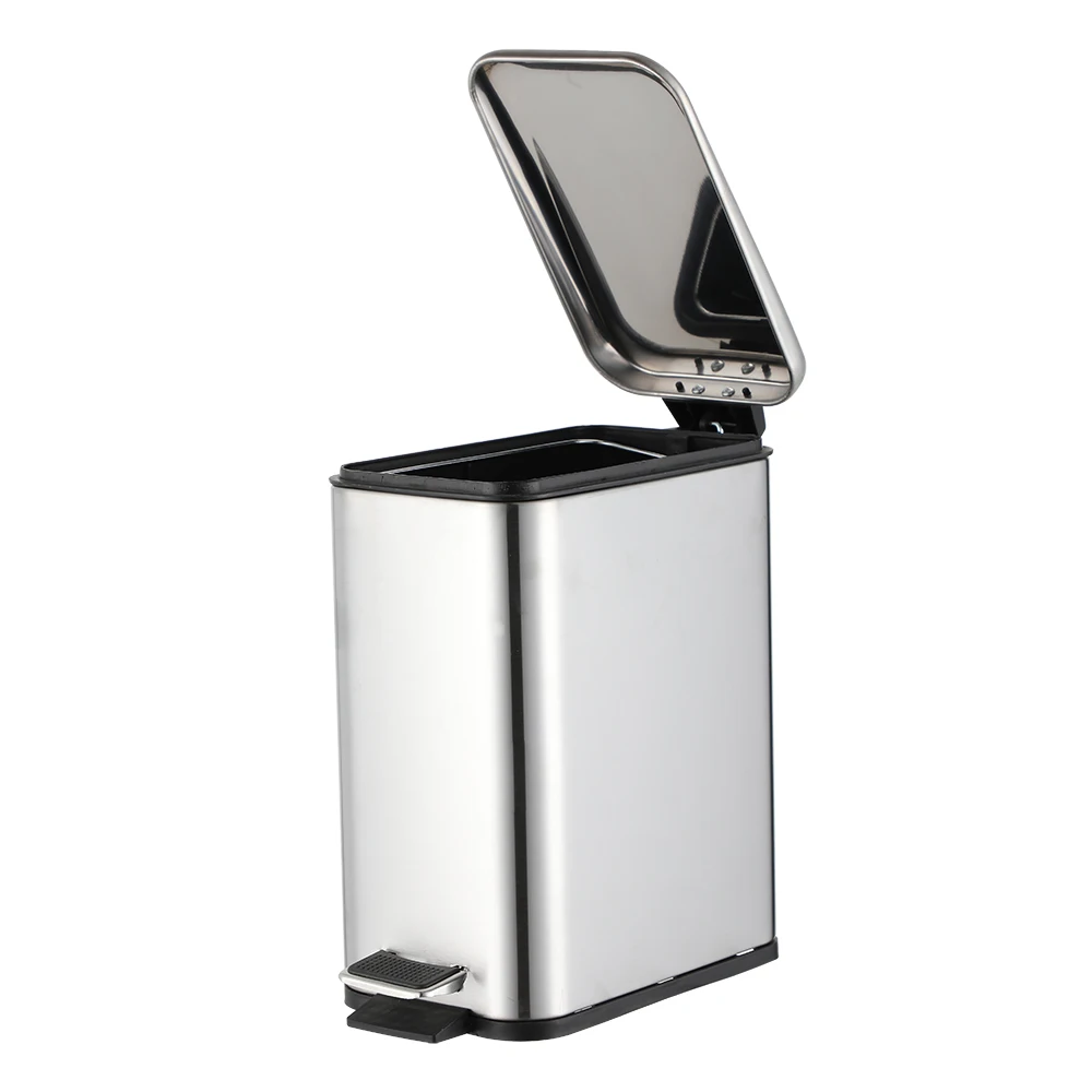 high quality modern design stainless steel 5L silver soft close slim lid square foot pedal trash can
