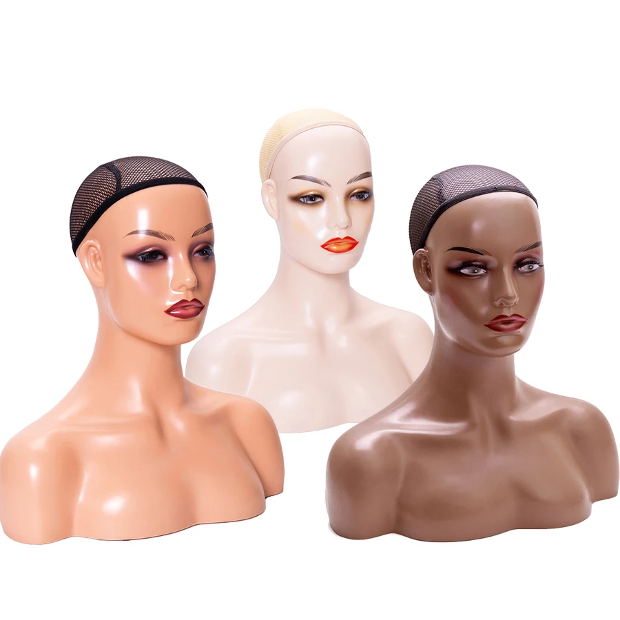 Factory Price Cheap Realistic Mannequin Head Makeup PVC Mannequin Head With Shoulders Wig Model Cosmetology Manikin Head