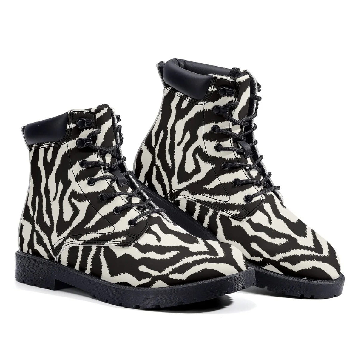 Print On Demand  Women  Fashion Leather Ankle Booties Custom Animal Stripe Causal Walking Shoes Lace up Combat Boots