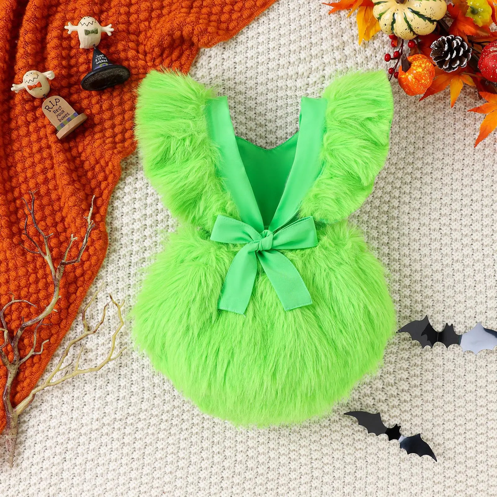2023 Christmas Baby Girls Grinch Clothes Romper Green Plush Furry Fur Flutter Sleeve Backless Christmas Baby Girls Bubble Romper