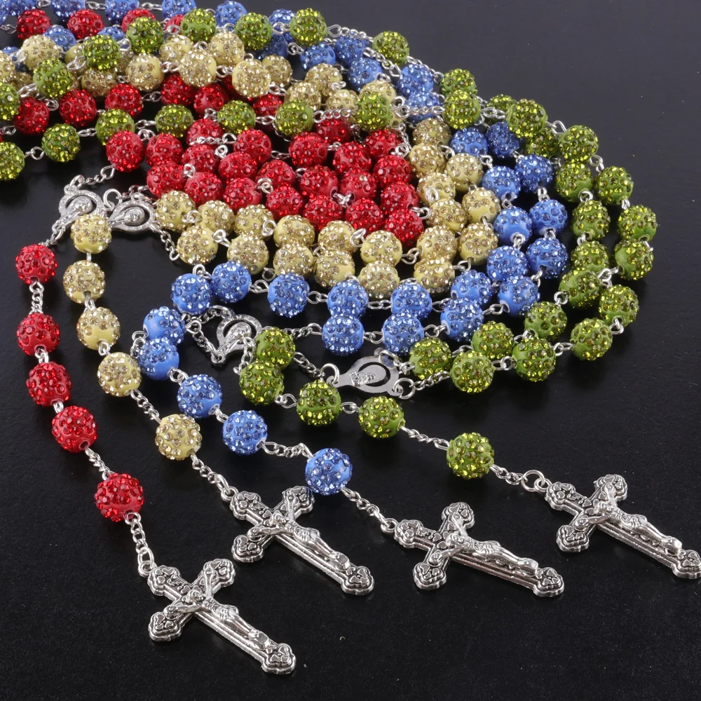 New Fashion Factory Custom Design Catholic Rosary 10mm Round Beads Color Disco Rhinestone Ball Beads Rosary Necklace For Jewelry