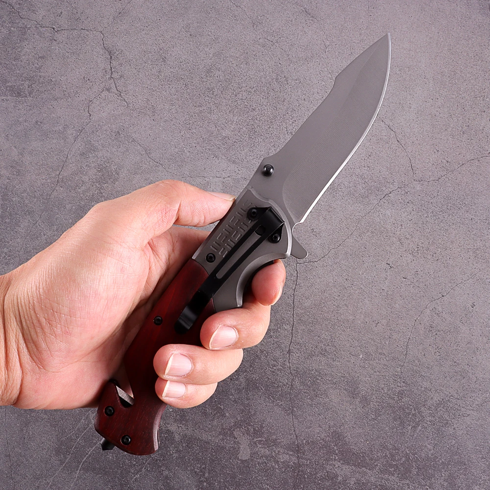 
Hot Selling Multi-function Colorful Wooden Handle Folding Knife Military Tactical Knife with Impact Hammer 