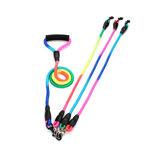 New Rainbow Multi Dogs Leash Nylon Detachable Pet Lead Foam Handle 1 Leash for 2 or 3 or 4 Dogs Round Traction Rope Dog Supplies