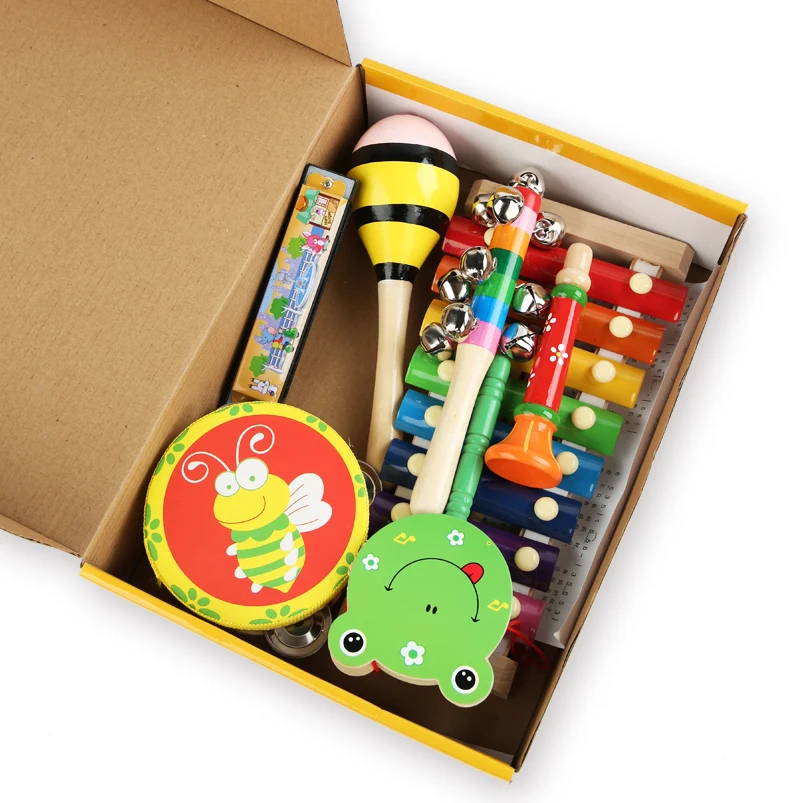 Wooden 8 Pieces Baby Music Kit Infants Toys Musical Instruments Sets For Kids Early Education Drum Rattle Toy