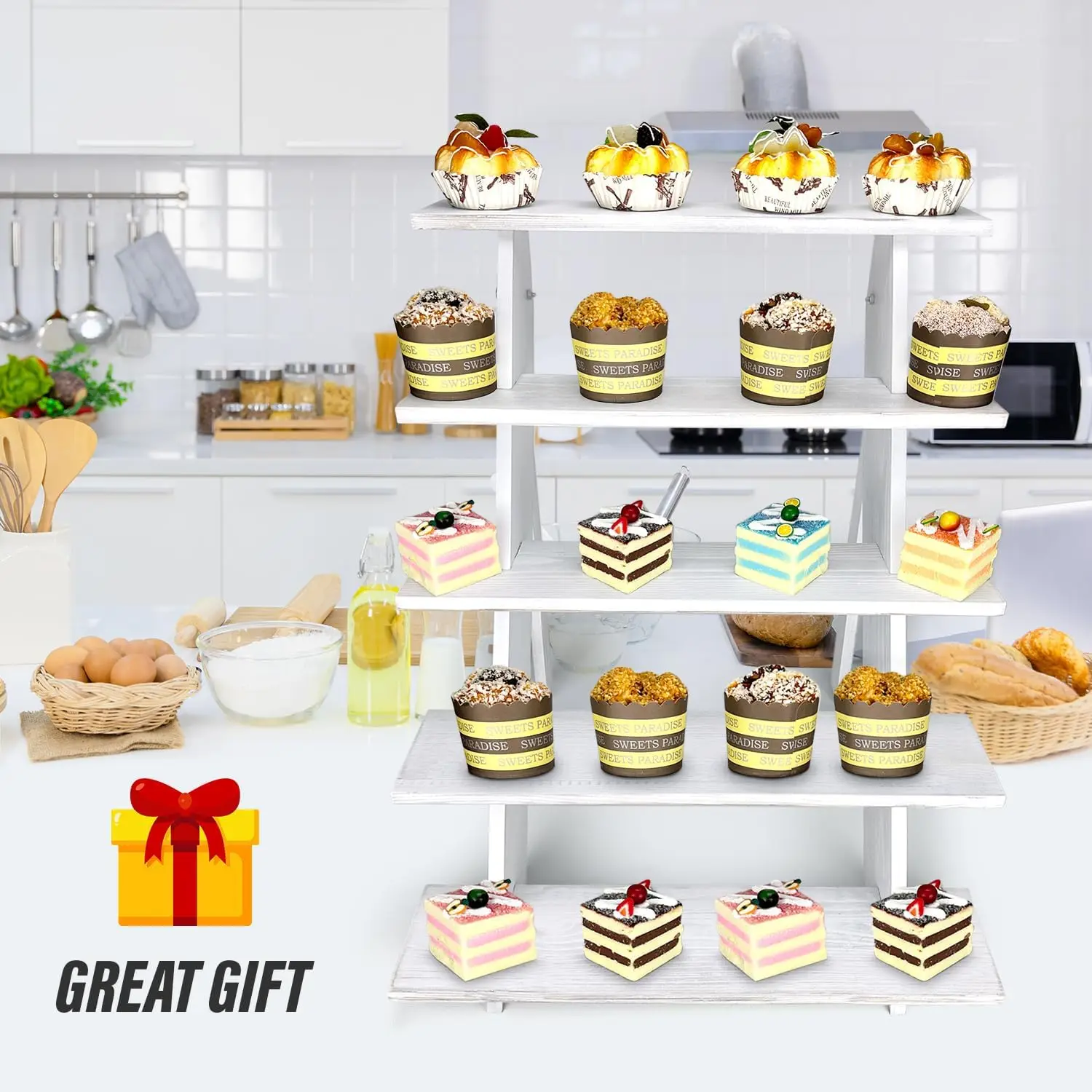 White Wooden Cube Dessert Display Riser Figures Jewelry Food Risers Buffet Table 5 tiered wooden tray stand racks for buffet