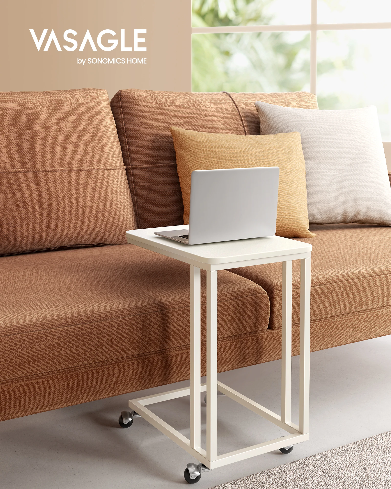 VASAGLE Industrial End Table C Shaped TV Tray Rolling Casters Coffee Laptop Side Table for Living Room Bedroom