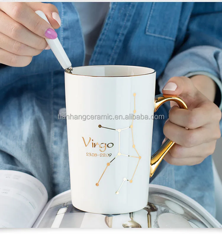 Cheap Price  White Black 12 Constellations Gold Pattern Ceramic Coffee Mug With Lid Spoon And Gold Handle For Souvenir.jpg