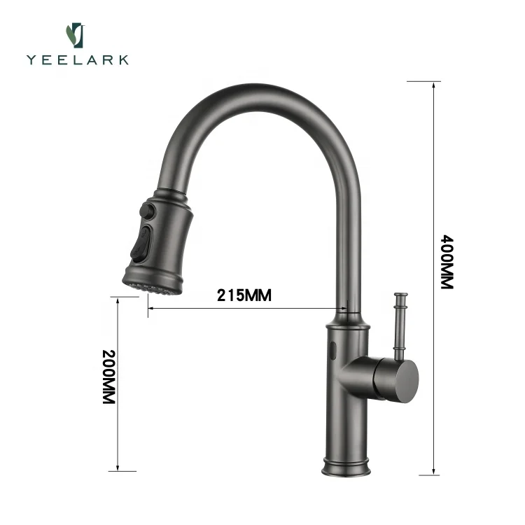 Commercial Automatic Brushed Graphite Finished Pull Down 304 Stainless Steel Touchless Smart Sensor Kitchen Sink Faucet Tap