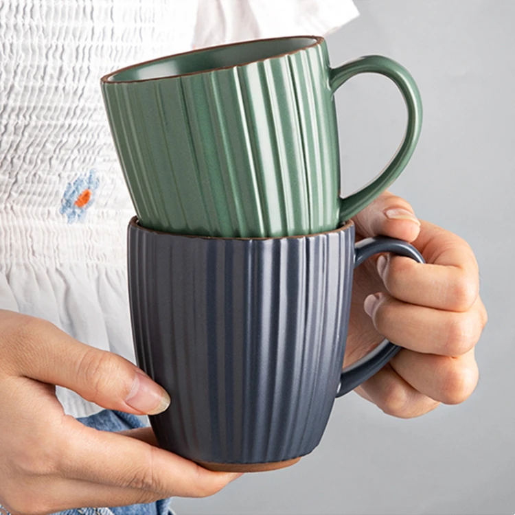 Wholesale Modern Vintage 9oz Green Grey Cup Unique Striped Glazed Ceramic Coffee Mug