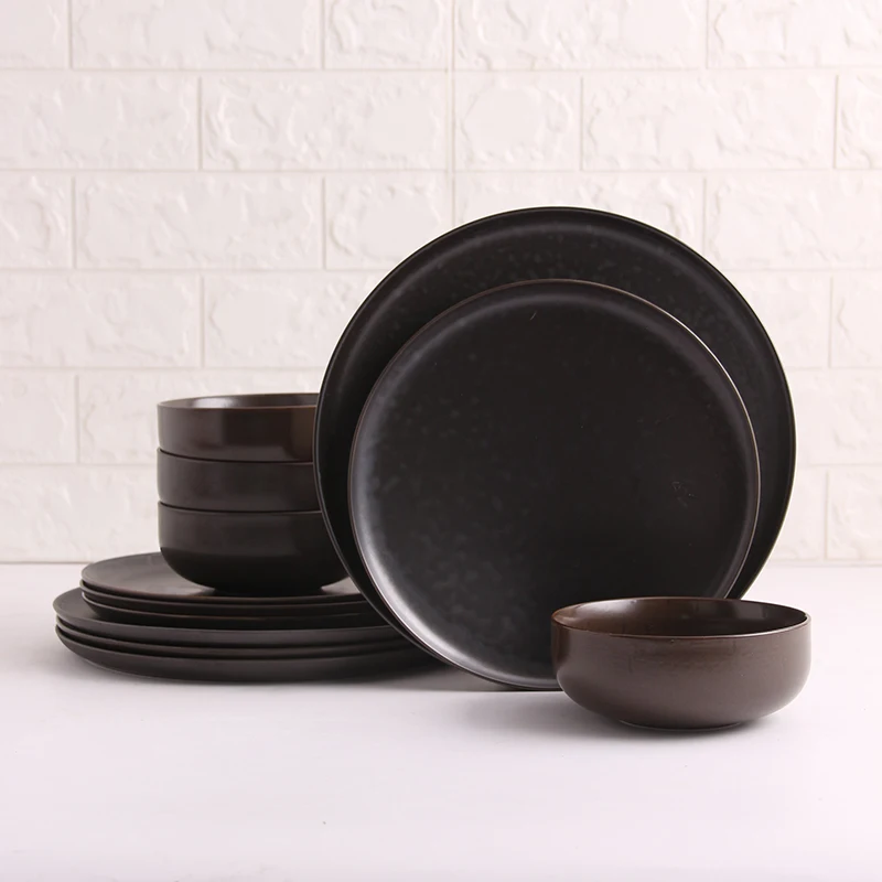 Nordic Hotel Restaurant Used 12pcs Set Porcelain Brown Color Tableware Sets Royal Bone China Dinnerware Set