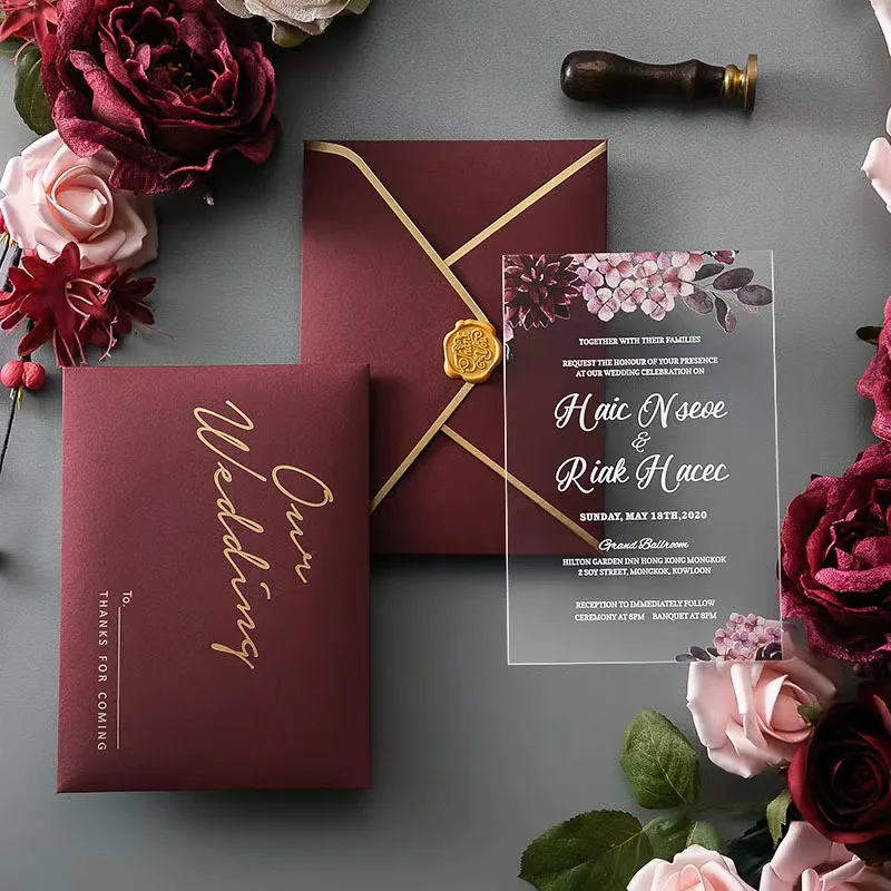 Best Sale Custom Clear Acrylic Wedding Invitations Personalize UV Printing Craft gold Invitation Greeting Cards for wedding