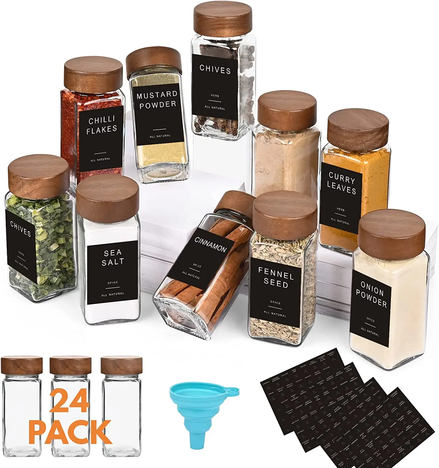 24 Spice Jars  - Glass Spice Jars with Shaker Lids - 4 Oz Square Spice Containers with Acacia Wood Lids