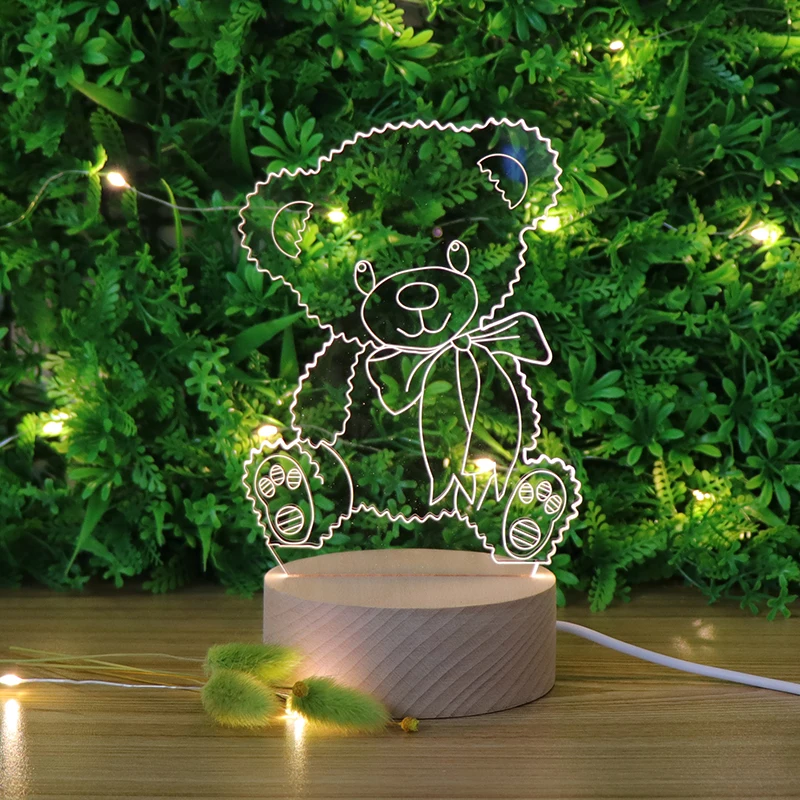 Home Decoration Lovely  Bear 3d Acrylic Table Lamp Usb Charge Acrylic Night Light With Wooden Base