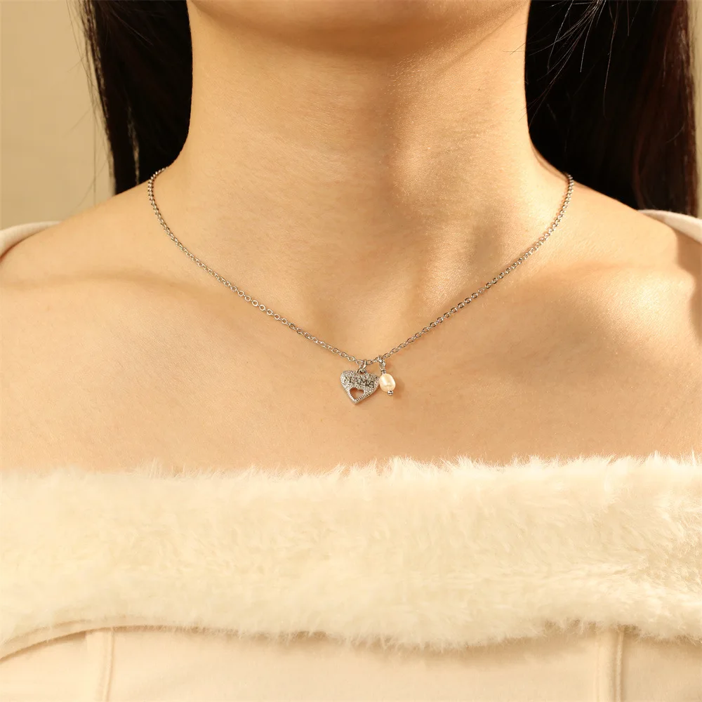 Fashion Natural Freshwater Pearl Diamond Star Necklaces Jewelry Glitter Zircon Hollow Love Heart Pendant Necklace For Mom MAMA