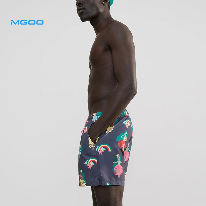 MGOO Recycled white spandex shorts running men shorts 4 way stretch beachwear Hula Girl Hoo Haa