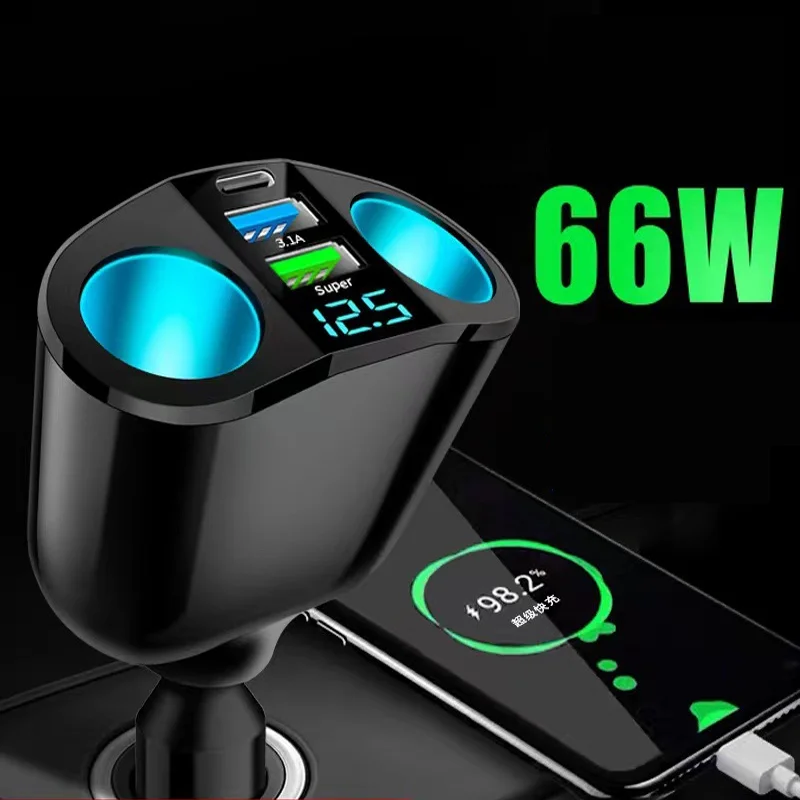 USB C Car Charger 22W 66W Multi USB Cigarette Lighter Adapter Socket Splitter with 2 USB PD Fast Charging for GPS Phone