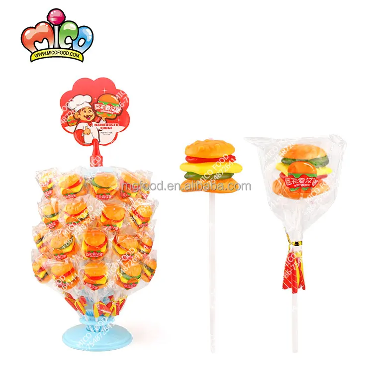 China Wholesale New Burger Chewy Gummy Lollipop Candy With Display Tray