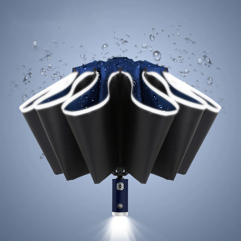 DD814  Full-automatic Open Handle LED 3 Fold Umbrella Reverse UV Sun Rain Flashlight Parasol  Reflective Stripe Light Umbrellas