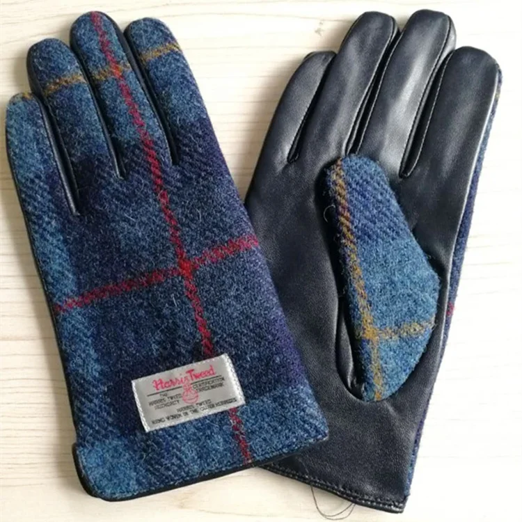 100% wool fabric Harris Tweed Glove For Men Sheepskin Leather Gloves