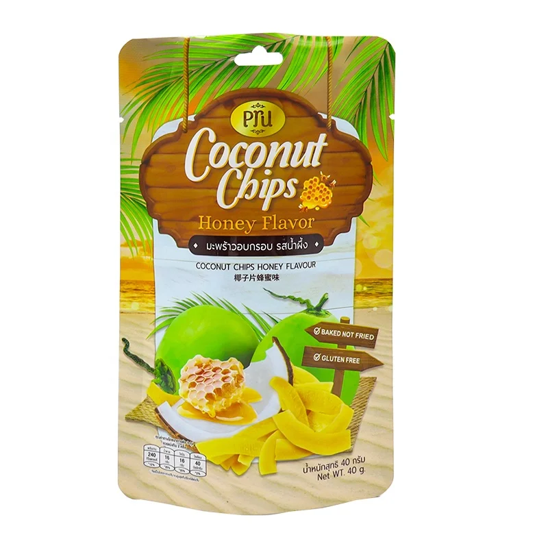 Stand Up Exotic Snacks Plastic Packaging Pouches Chips Bag Coconut Chips Honey Food Zipper Pouch For Keripik Kentang