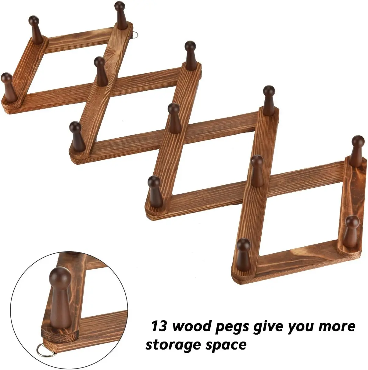 Wooden Expandable Nail Rack -Multifunctional Accordion Wall Hanger with 13 Hooks for Hats, Coats, Mugs, Scarves, Jewelry Storage
