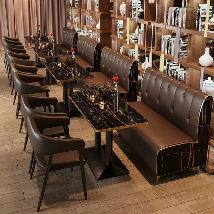 Luxury modern metal leather seats restaurant furniture Marble white Black restaurant table and chair sets sofa cafe
