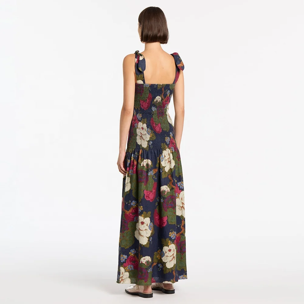 2023 Women Linen Dress Summer High quality clothing Square collar Linen floral maxi dress lace up waist loose casual dresses
