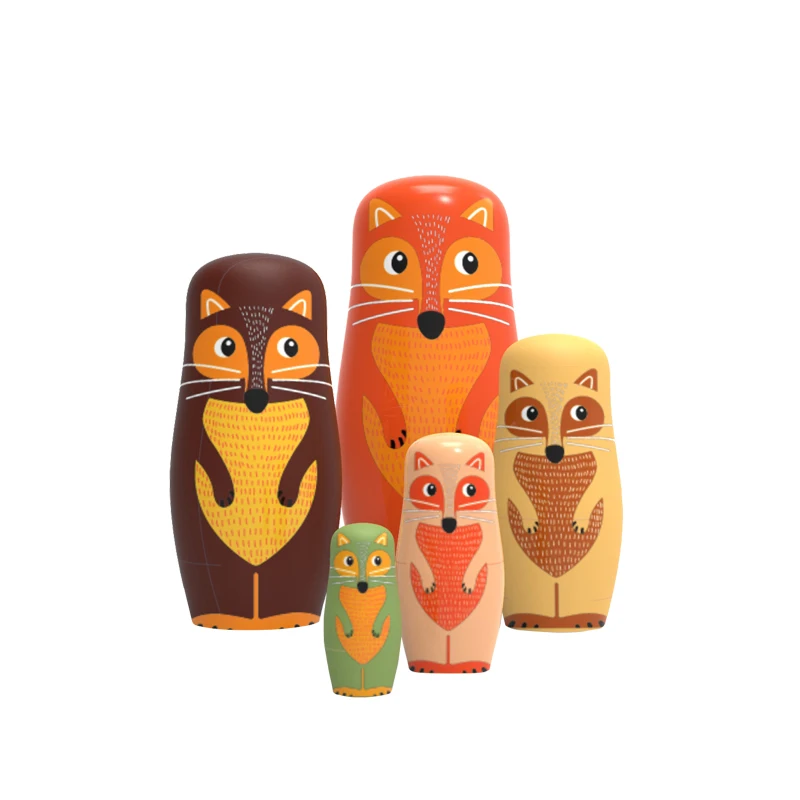 New Design with Hand Paint Children 5 PCS Fox Custom Nesting Russia Doll Toy Wooden education toys