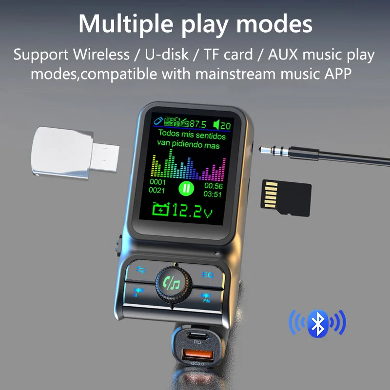 Qc3.0 Usb Pd 20W Fast Charging Aux Handsfree  Wireless Car Kit FM Transmitter Pd Fm Modulator Transmitter Car Mp3 Player