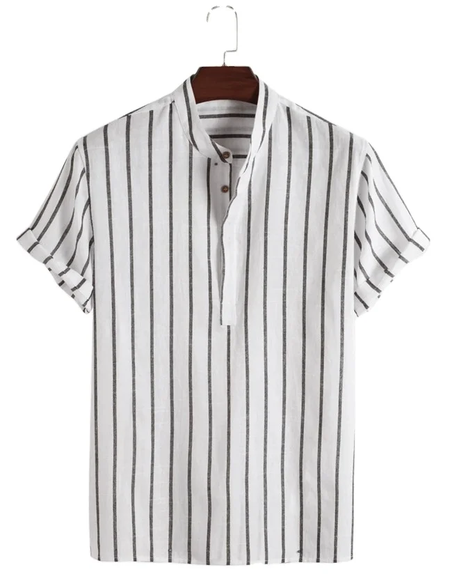 2021 Summer Casual Man Bulk White Custom Short Sleeve Buttons Up Cotton Stripe Shirt for Men