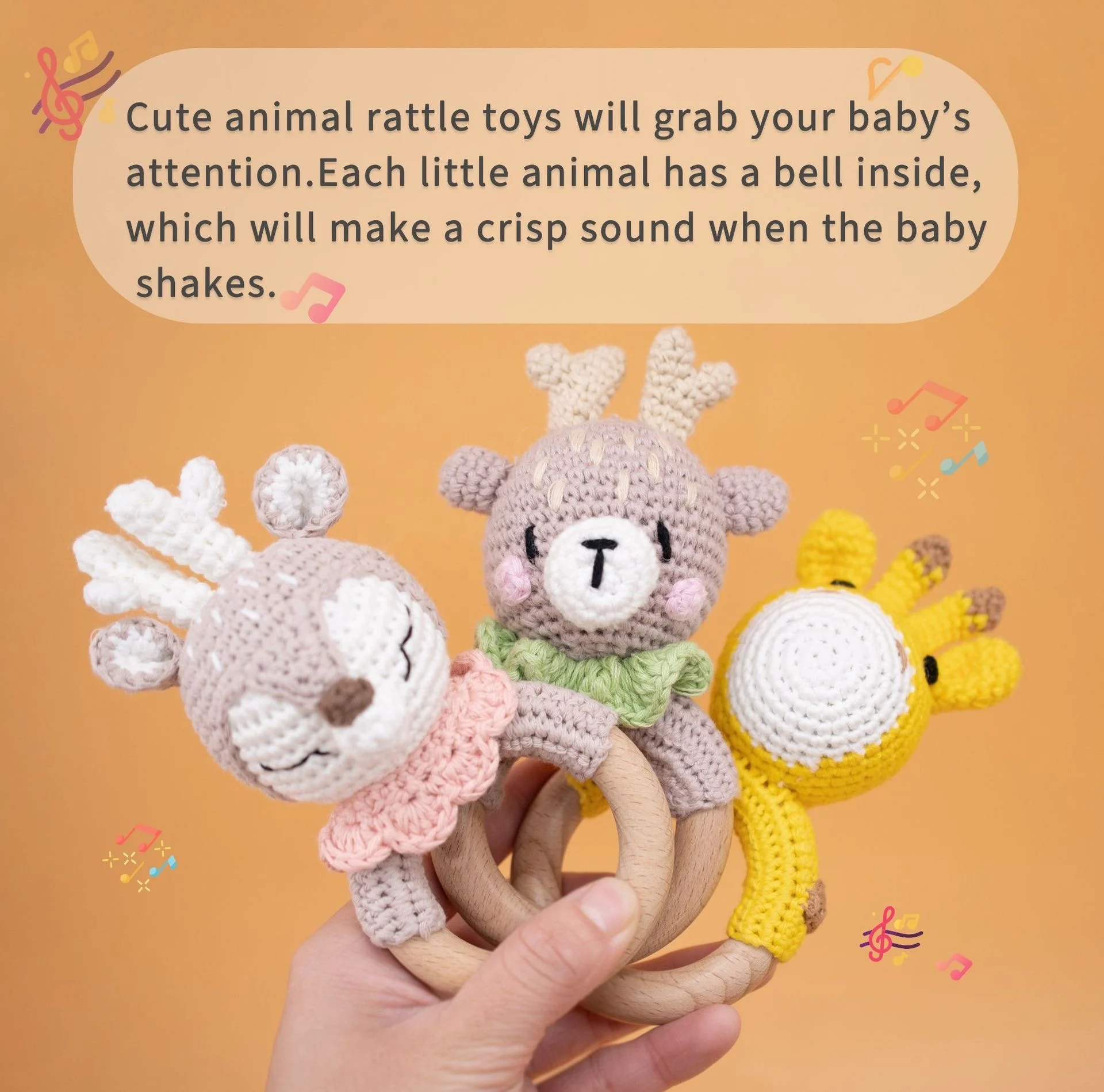 YLX Hot sale Natural Safety Handmade Wood Baby Cute Rabbit Animal Ring Rattle Teethers Wooden Teething Crochet Baby Teether