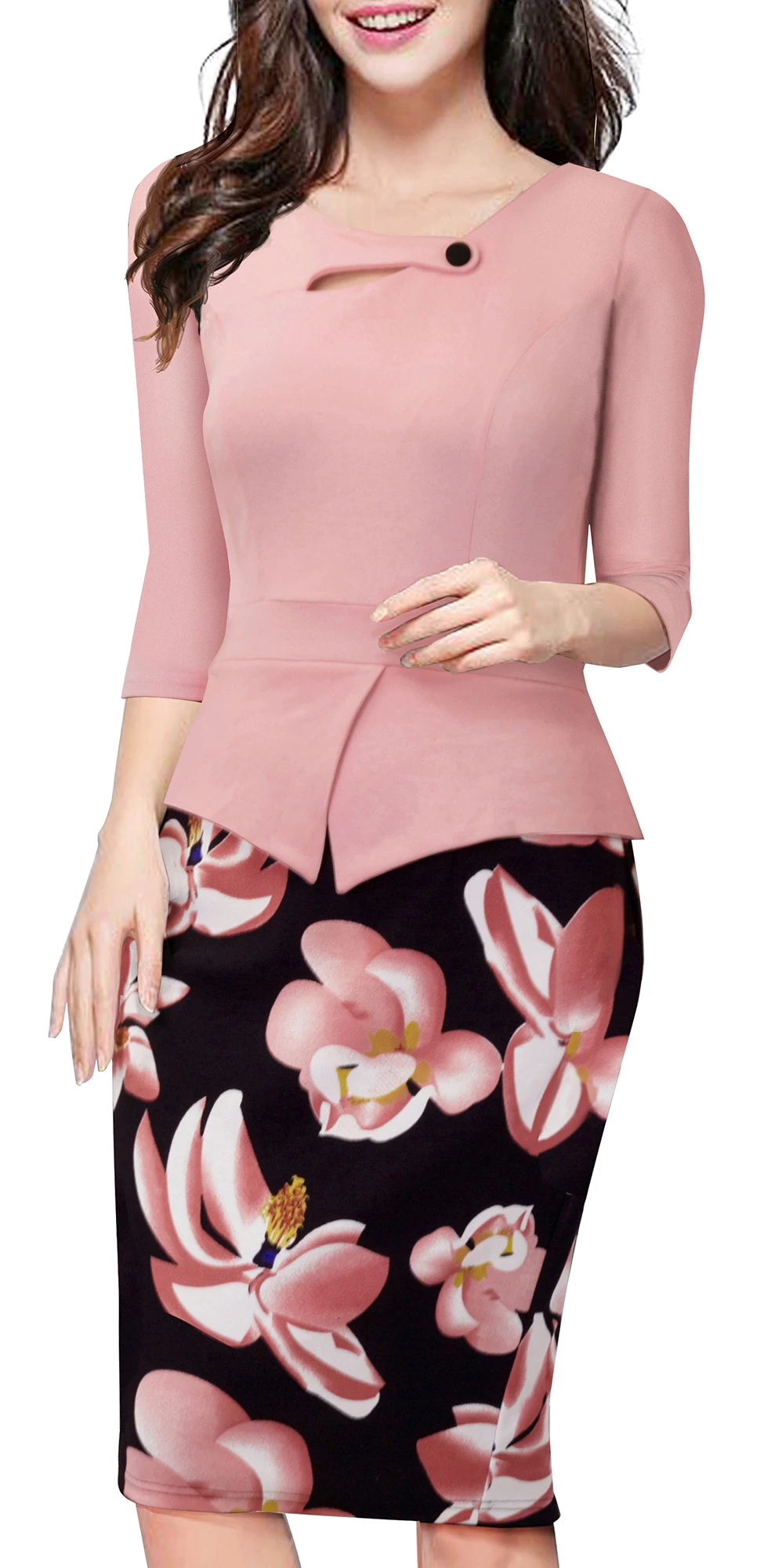 
Womens Scoop Neck 3/4 long Sleeve Floral solid Bodycon Church Elegant Chic Formal Business Work Office Midi Sheath Pencil Dress 