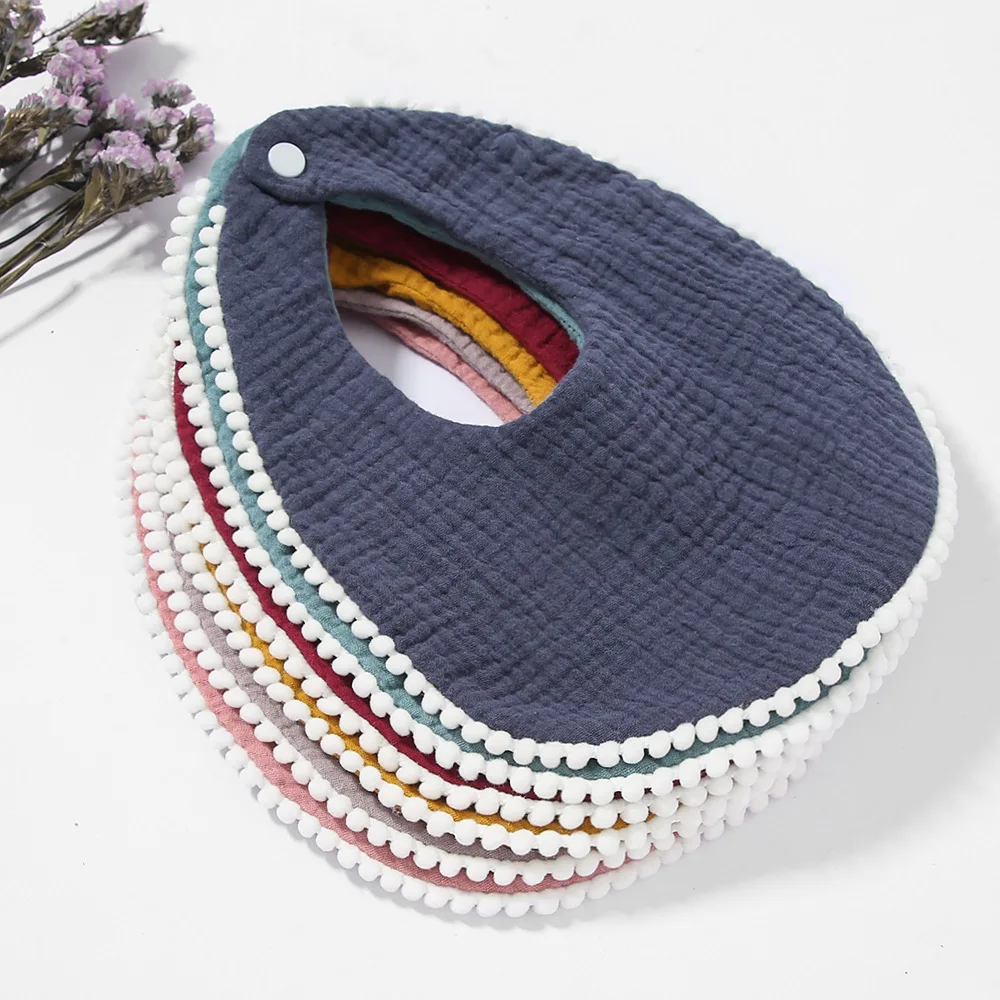 Baby Drooling Bibs Baby Burp Cloths Toddler Kids Muslin Pom Pom Trim Feeding Bib Muslin Cotton Bandana Drool Bibs with Pompoms