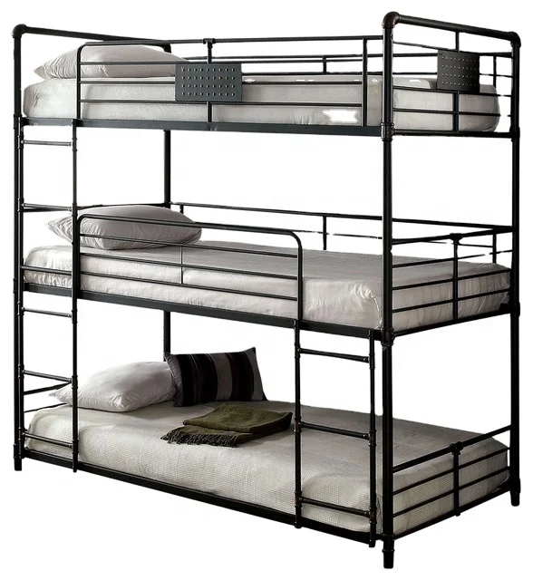 Wholesale Above the bed  below the table three layer school students bed metal  bunk  bed frame for one two three