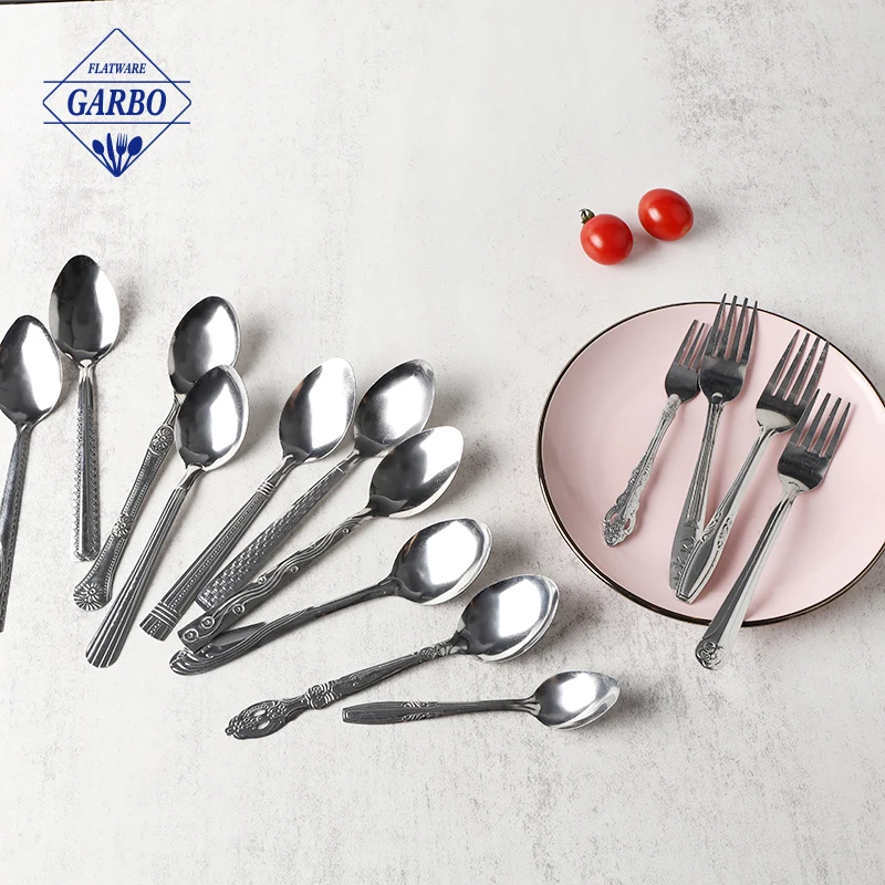 Most Classic Cheap Price Stainless Steel Silver Cutlery Dessert Spoon dinner soup spoon with tumbler polish and embossed handle