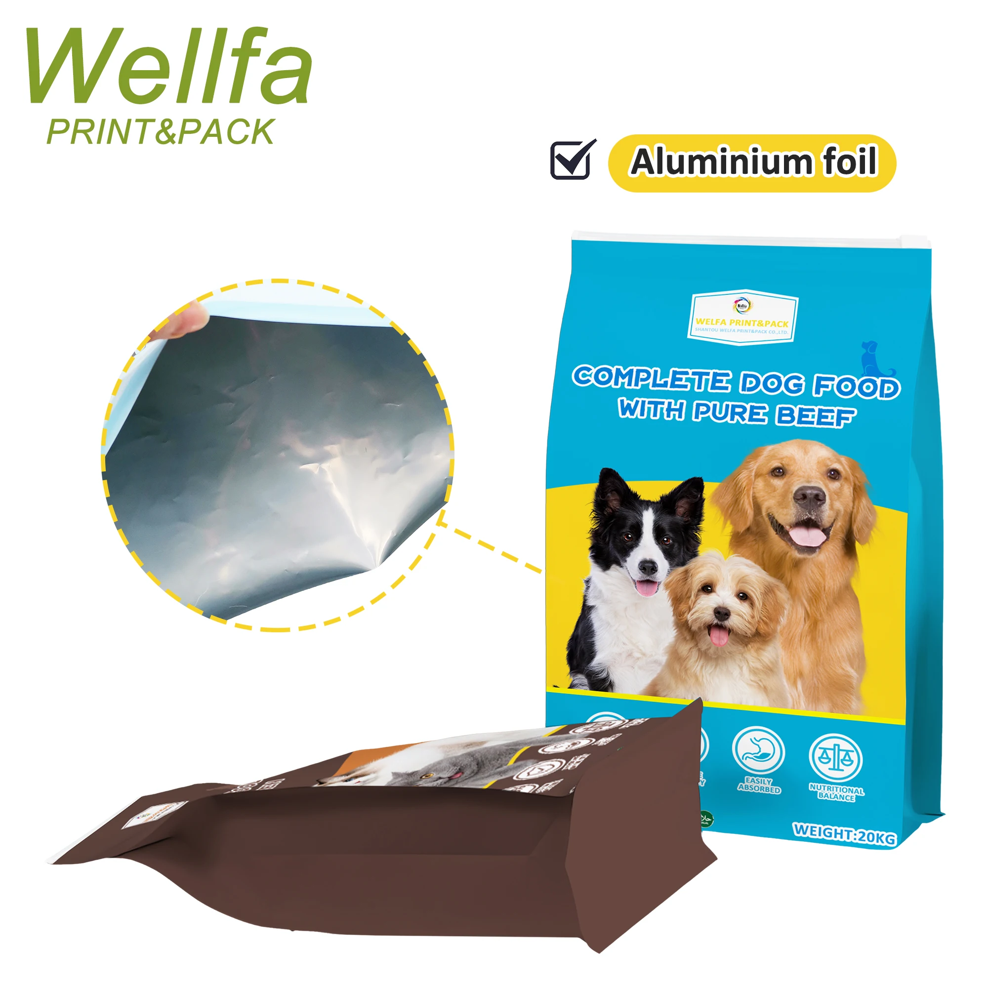 Aluminium Foil Flat Bottom Dog Cat Food 10kg 20 kg 50kg 40lb Bags With Slider Zipper Side Gusset Pet Food Packaging