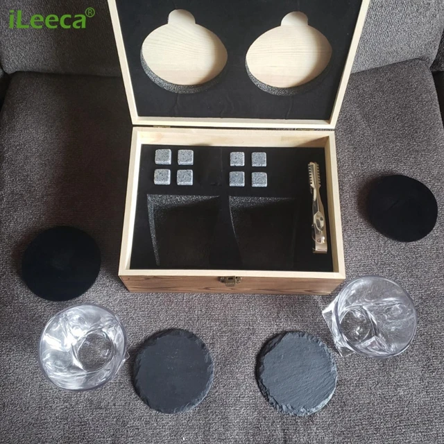 Coofes Whiskey pierres Cadeau Lot de 9 r&eacuteutilisable Baren Whisky Pierres en coffret bois avec pince et sachet