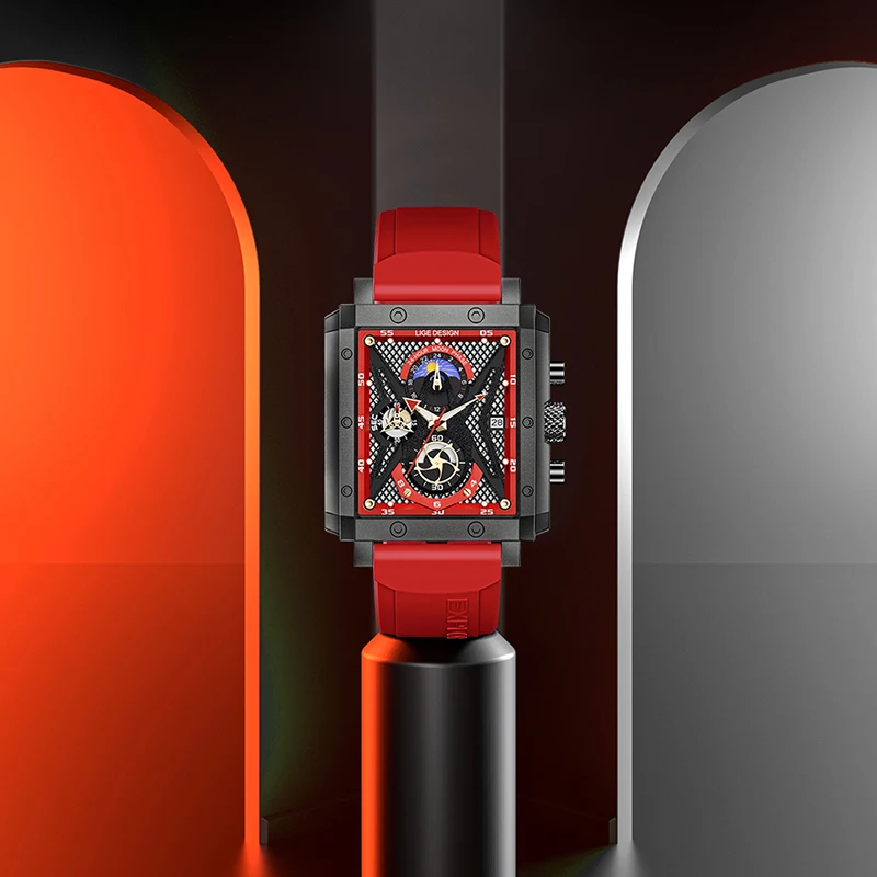 LIGE LG8965 luxury red male quartz watch cool rubber strap moon phase date display chronograph leisure wrist watch